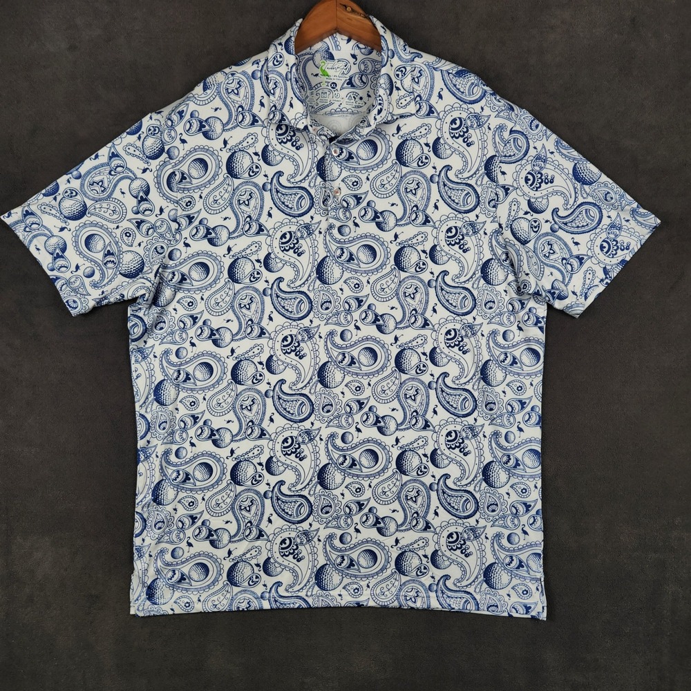 Tailor Byrd Golf Polo Shirt Mens XL Blue White Paisley Golf Ball Flamingo‎ Print